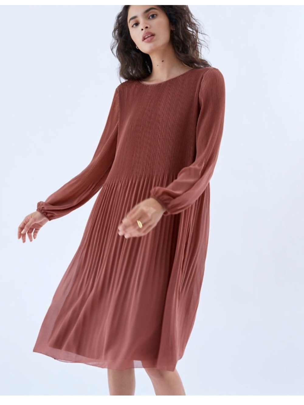 Aritzia Wilfred Pleated Chiffon Daydreamer Long Sleeve Midi Dress Size Large